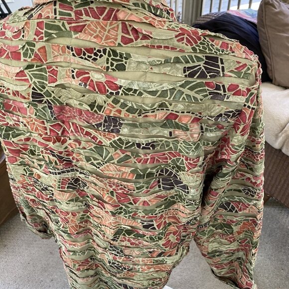 Life Style Womens Shirt Jacket Green Brown Floral Buttons Pintuck Beaded Lined - Picture 7 of 10